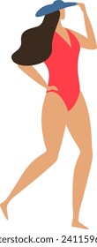 Woman in red swimsuit and blue cap posing. Female swimmer ready to swim. Summer and beach holiday vector illustration.