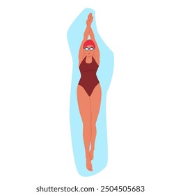 Woman In A Red Swimsuit And Cap Performing A Swimming Stroke In A Swimming Pool. Cartoon Vector Illustration Captures The Essence Of Sport, Fitness, And Aquatic Activity Of Female Swimmer Character