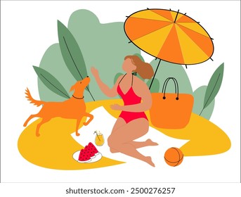 woman in a red swimsuit plays with her dog on a sunny beach. An umbrella, bag, and watermelon set the summer scene. Perfect for vacation themes