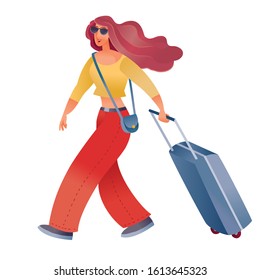 woman in red trousers carries a suitcase and goes on a trip, isolated object on a white background,
