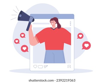 Woman in red t-shirt carrying megaphone on screen app, online social media content creator. Character design. Vector flat illustration