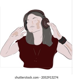 A woman in a red T-shirt listens to music with headphones. Closed eyes, she like the melody

