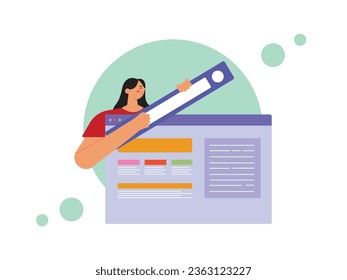 Woman in red t-shirt, marketing content creator concept, creating social blogger. Character design. Vector flat illustration
