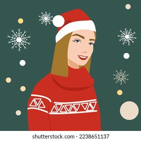 A woman in a red warm New Year's sweater celebrates New Year and Christmas. The woman is wearing Santa's New Year's hat. Fashionable woman against the background of snowflakes and Christmas decor