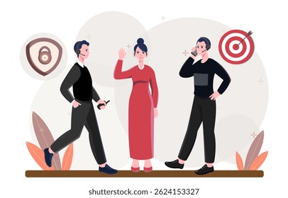 Una mujer en ondas rojas mientras dos hombres con auriculares se comunican cerca de los iconos de seguridad y objetivo, estilo plano sobre fondo abstracto. Concepto de coordinación de equipos. Ilustración vectorial