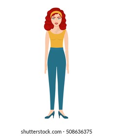 woman with red wavy hair and high heels