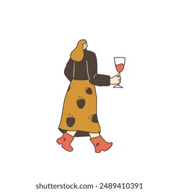 Woman with red wine glass. Cute character with alcohol beverage. Vector hand drawn illustration isolated on white background.