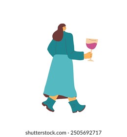 Woman with red wine glass. Cute character with alcohol beverage. Vector hand drawn illustration isolated on white background.