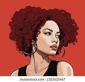 Woman with red-black curly hair and black tank top against a red background.