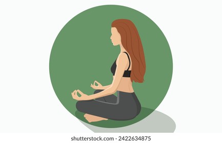 A woman with redhead hair meditates in the lotus position. Illustration of yoga, tranquil, meditation, relaxation, rest and healthy lifestyle. Character in flat style. Vector illustration EPS10