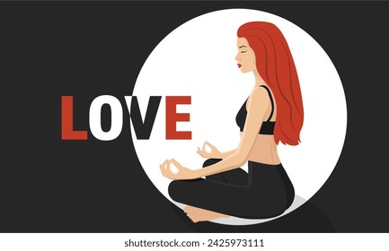 A woman with redhead meditates in the lotus position. Illustration of yoga, tranquil, meditation, relaxation, rest and healthy lifestyle. Character in flat style, faceless. Vector illustration 