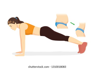 Woman reduce fat belly to slim with doing Full Plank exercise on blue mat. Illustration about slim up with work.