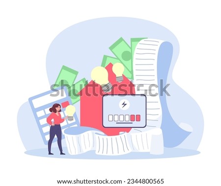 Woman reducing energy consumption vector illustration. Long and expensive electricity bill and calculator, people using power saving light bulbs. Energy consumption, cost of living concept