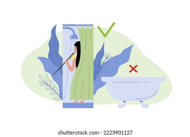 Woman is reducing usage of water by showering short time. Sustainable lifestyle. Flat vector illustration.