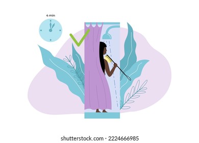 Woman is reducing usage of water by showering short time. Sustainable lifestyle. Flat vector illustration.