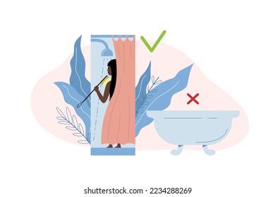 Woman is reducing usage of water by showering short time. Sustainable lifestyle. Flat vector illustration.