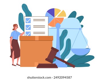 Woman with referendum. Young girl with cardboard box near judges gavel. Democracy and freedom of speech and choice. Election campaign. Flat vector illustration isolated on white background