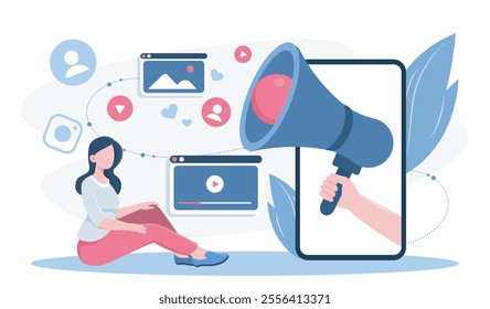 Woman with referral marketing. Young girl near smartphone with hand with loudspeaker. Promotion on social networks. Electronic commerce. Flat vector illustration isolated on white background