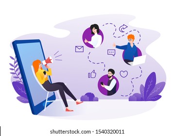 Woman Referring friends with smartphone illustration. Referral marketing, affiliate marketing, network marketing, business partnership, referral program strategy concept