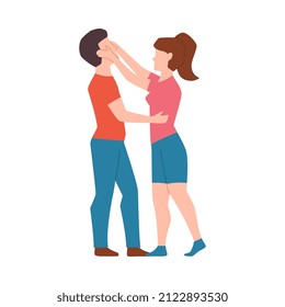 Woman reflecting attack of aggressive man, flat vector illustration isolated on white background. Self-defense trick and fight technique for women safety.