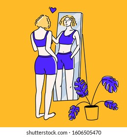 Woman reflection in standing mirror, hand on shoulder. Self support and self love concept line illustration in yellow and purple. Tall slim girl in sport underwear