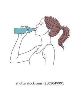 woman is refreshing herself by drinking water from a clear bottle, showcasing hydration and wellness doodle continuous line art vector illustration