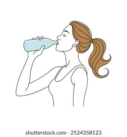 La mujer se refresca bebiendo agua de una Ilustración vectorial plana del arte de la línea continua clara de la botella en el fondo blanco