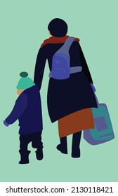 Woman With Refugee Child Walking With Suitcase And Backpack Warmed Up Against The Cold War In Ukraine