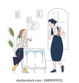 Woman refuse alcohol in cafe. Girl in restaurant refuses wine. Waiter offers visitor alcohol. Quitting bad habits and healthy lifestyle. Linear vector illustration isolated on white background