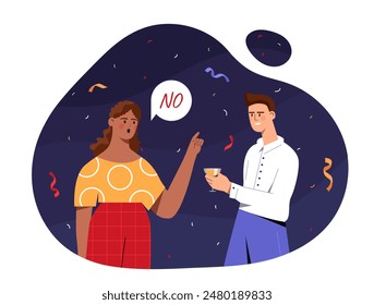 Woman refuse alcohol. Young girl say no to man with alcoholic drink and cocktail. Person give up bad habits. Character with heathy lifestyle at party. Cartoon flat vector illustration