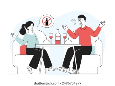 Woman refuse alcohol. Young girl refuses offer to drink wine or champagne. Healthy lifestyle without bad habits and alcohol addiction. Linear vector illustration isolated on white background