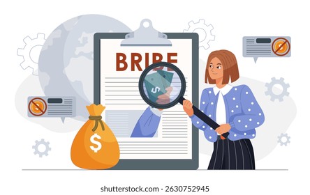 Mulher recusa suborno. Uma mulher com lupa olha à mão com notas. Justiça e proteção jurídica. Acabar com o crime e a corrupção, atividades ilegais. Ilustração de vetor plano