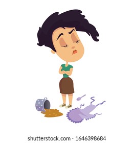 Woman refuse doing housework flat cartoon vector illustration. Taurus zodiac sign personality. Ready to use 2d character template for commercial, animation, printing design. Isolated comic hero