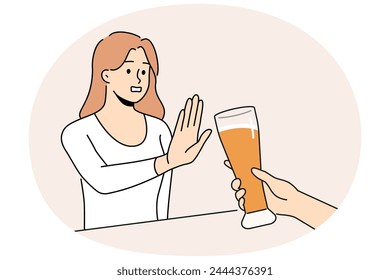 Woman refuse from extra glass of beer at bar. Decisive girl say no to alcoholic drink and excessive alcohol consumption. Addiction problem. Vector illustration.