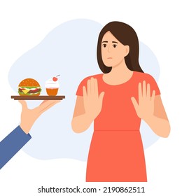 Woman refuse fast food and sweet dessert. Girl showing stop hand sign for unhealthy,fat, high-calorie meals. Dieting and healthy lifestyle. Vector illustration