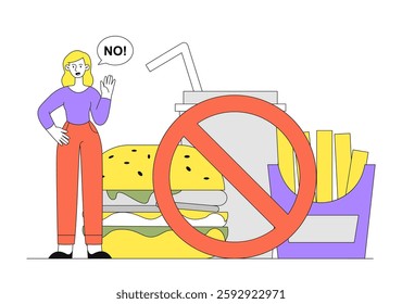 Woman refuse fast food. Young girl says no for takeaway eating. Person reject hamburger, soda and french fries. Proper diet and nutrition, healthy lifestyle. Linear vector illustration