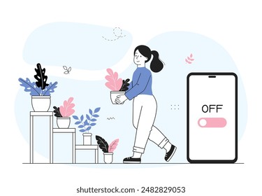 Woman refuse gadgets. Young girl with digital detox. Person with flowerpot in hands near turn off smartphone. Awareness and mindfulness. Linear vector illustration isolated on white background