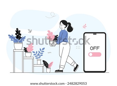 Woman refuse gadgets. Young girl with digital detox. Person with flowerpot in hands near turn off smartphone. Awareness and mindfulness. Linear vector illustration isolated on white background