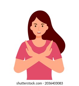 Woman refuse or reject hand gesturing in flat design on white background. No means no concept.