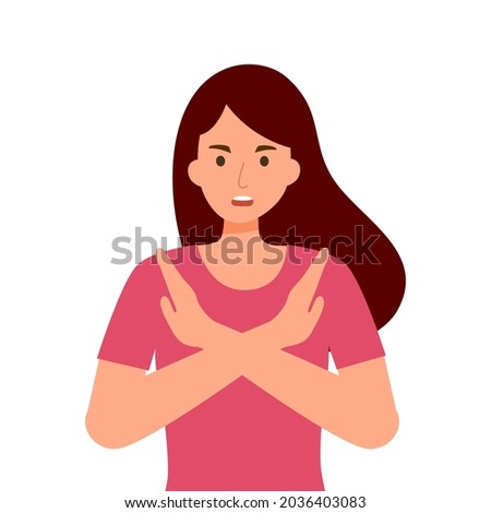 Woman refuse or reject hand gesturing in flat design on white background. No means no concept.