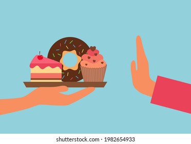 Woman refuse sweet dessert in flat design. Stop eating unhealthy sweet as cake, donut, cupcake for good health.