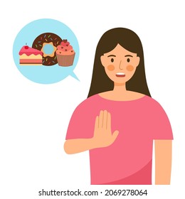 Woman refuse sweet dessert in flat design. Stop eating unhealthy sweet as cake, donut, cupcake for good health.