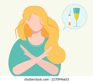 The woman refused to drink alcohol and smoke. Stop drinking wine and beer, smoking cigarettes for good health. The girl says no to alcohol and smoking. Stop gesture. Isolated vector flat illustration.