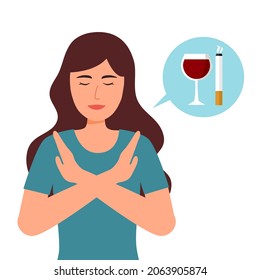 Woman refused drinking alcohol offered by waiter in flat design. Stop drinking beer for good health.