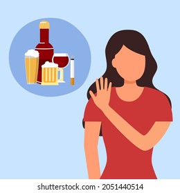 Woman refused drinking alcohol and smoking in flat design. Stop drinking beer and smoking cigarette for good health.