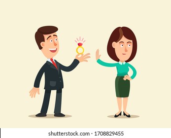 The woman refused the man to marry him. Girlfriend did not accept a wedding ring as a gift. Marriage proposal rejection, woman said "no". Vector illustration, flat design, cartoon style, isolated.