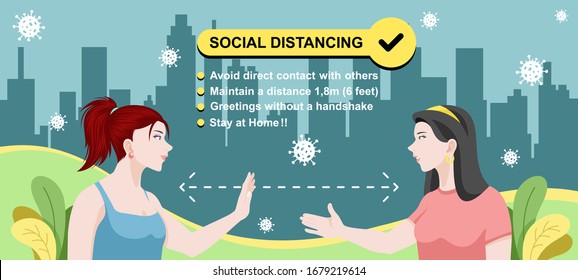 A woman refused to shake hands because of Coronavirus pandemic. Social distancing infographic, Stay safe by keeping a distance from people in public areas. Covid-19 outbreak banner design vector