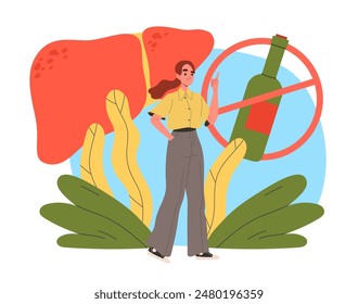 Woman refuses alcohol. Young girl near prohibited sign at alcoholic drinks. Character give up bad habits. Fight with alcohol addiction and alcoholism. Cartoon flat vector illustration