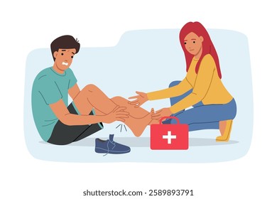 Woman refuses first aid to man with leg injury after accident during sports training. First aid suitcase near girl helping person in steam room who feels pain due to broken bone or dislocation