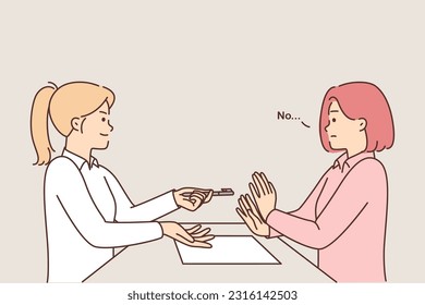 Woman refuses to sign contract sitting at table and does not want to take pen from HR manager girl. Businesswoman refuses to approve important contract with inappropriate terms or strict nda